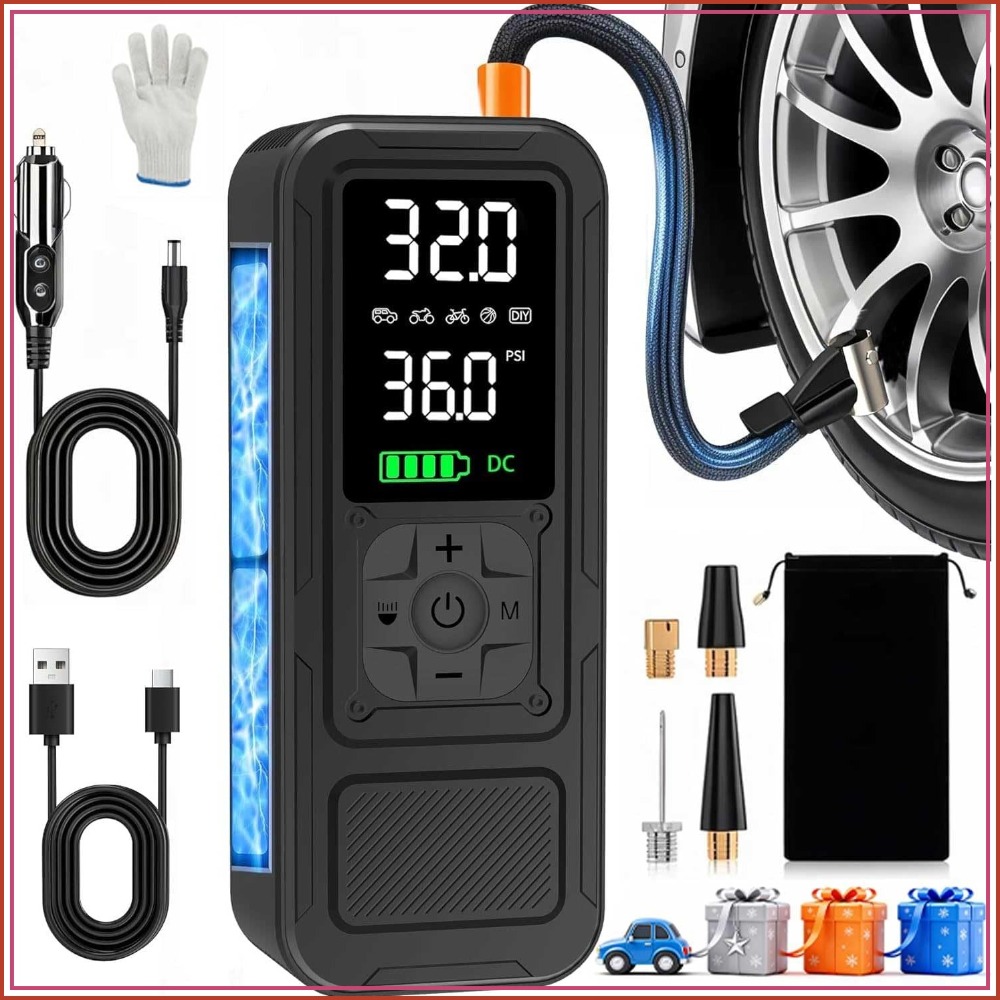 Air Compressor - 6000mAhコードレスタイヤインフレーター、150PSIエアコンプレッサー、4倍速、車バイク用デジタルゲージ